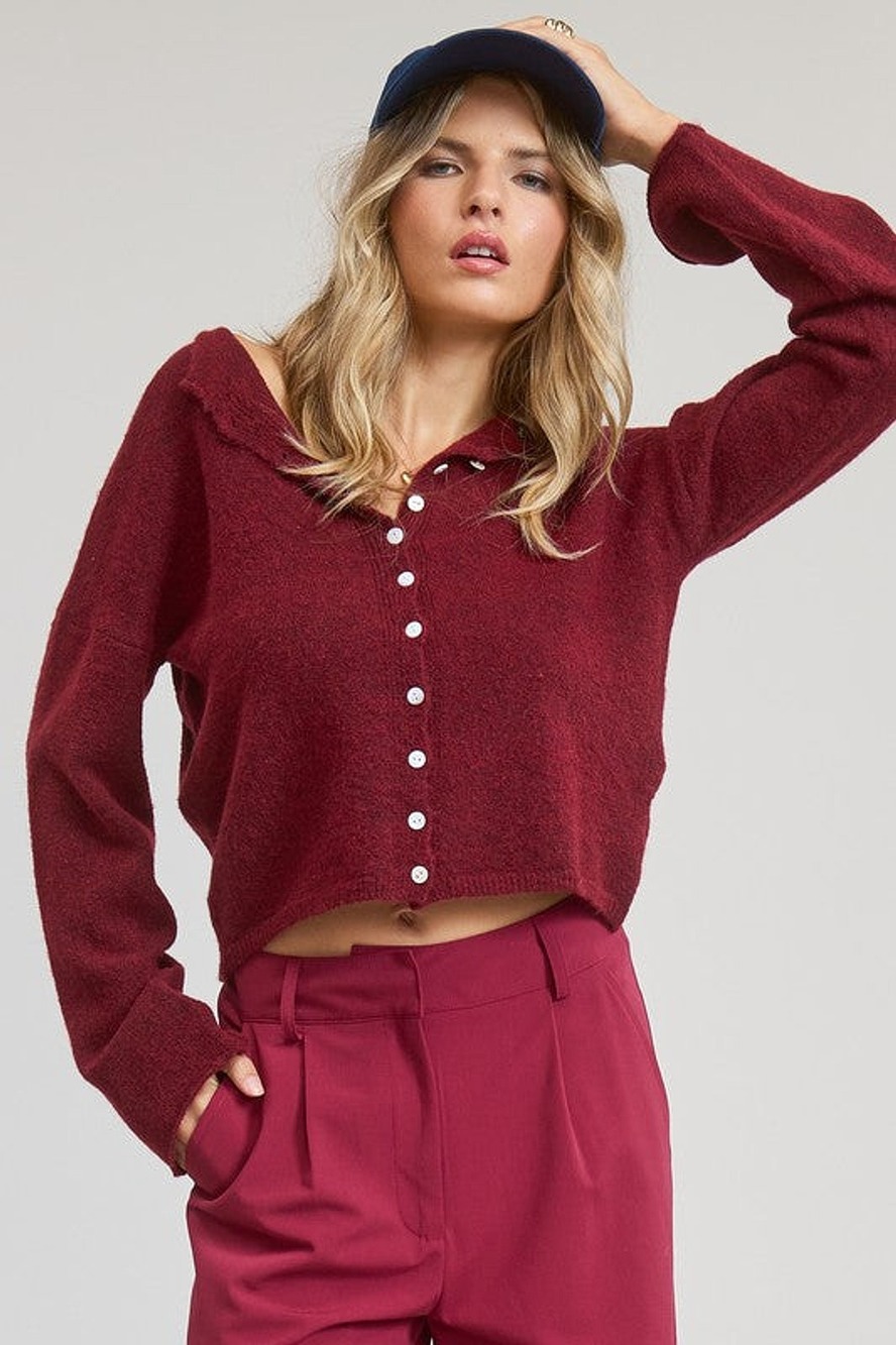 Button Down Cardigan in Burgundy